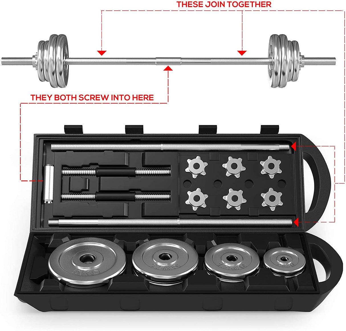 Conjunto de halteres de ferro fundido cromado de 50 kg com barra